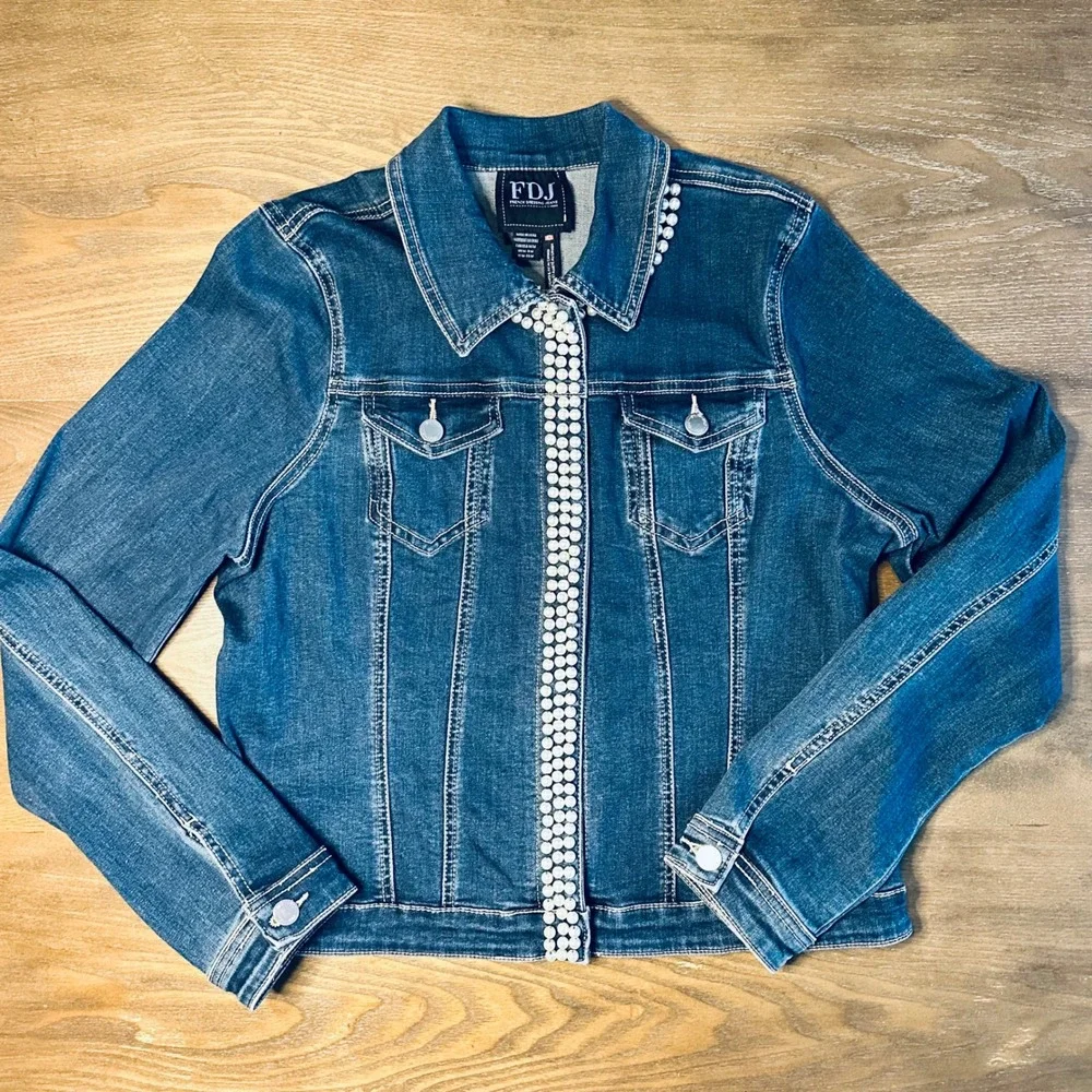 FDJ French Dressing Jeans Women's Denim Jacket Pearl Embellished Blue Medium - Picture 1 of 8